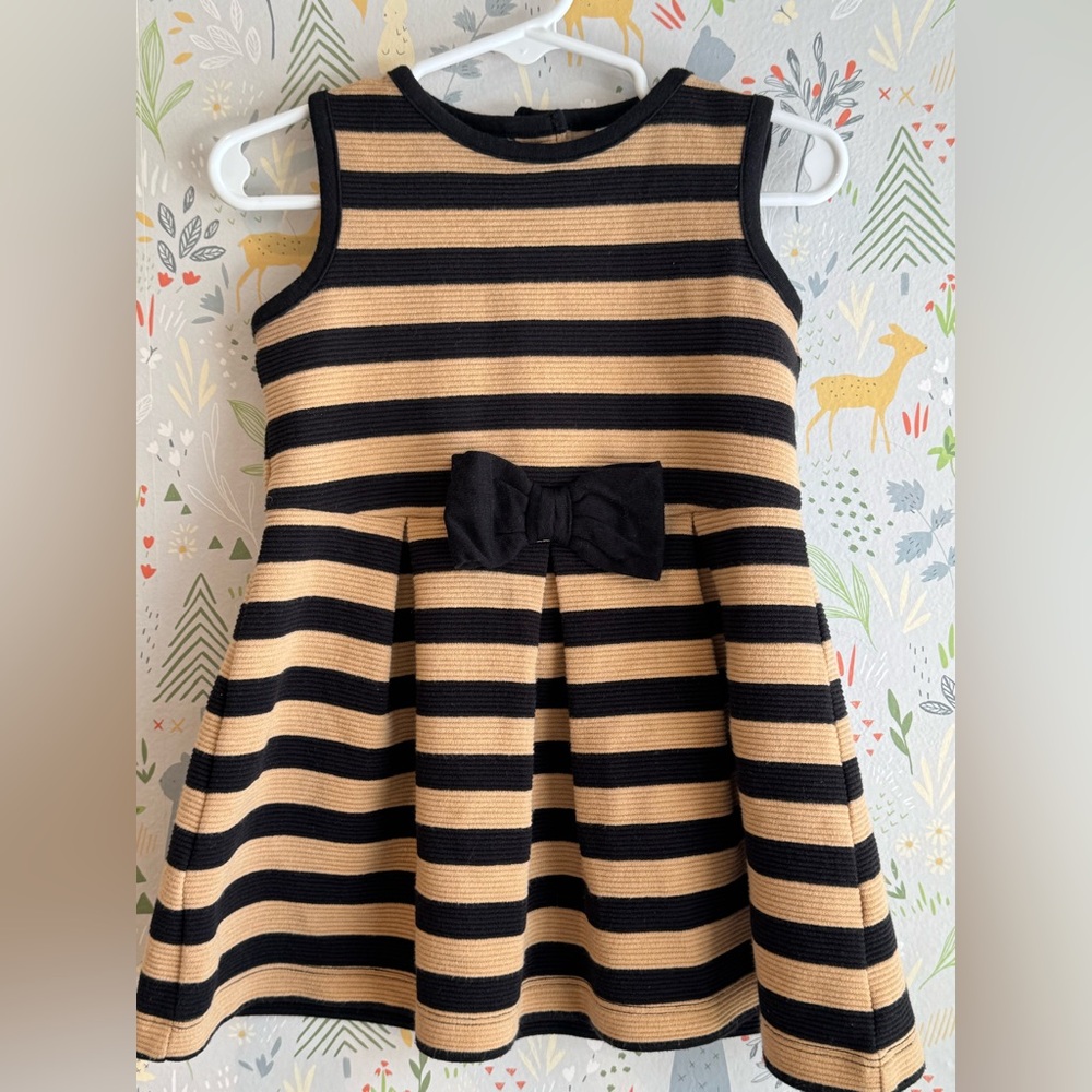 Janie & Jack “Butterscotch Belle” Bow Front Pleated Striped Button-Back Dress